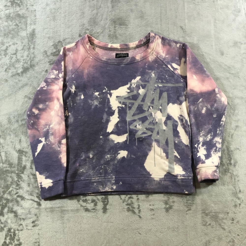 vtg Stussy Sweatshirt Mens Small Purple Pink Tie Dye Crewneck Graffiti Logo USA